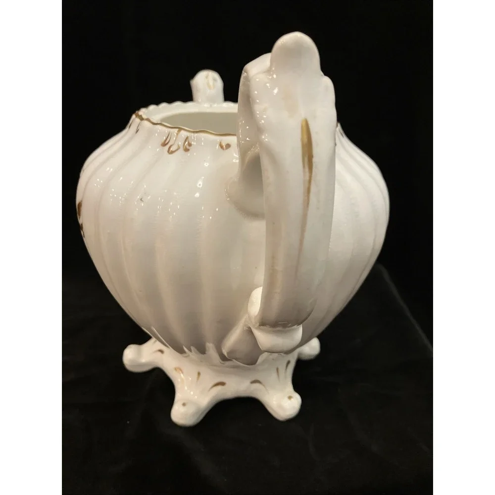 Antique Staffordshire England 6 Footed Porcelain & Stoneware Teapot White Gold